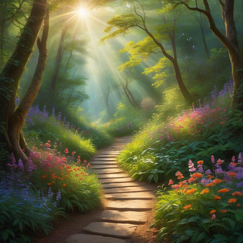 A serene landscape depicting a winding path through a lush forest, symbolizing a journey of faith. Soft beams of sunlight break through the trees, illuminating a figure meditating thoughtfully at the path's edge, embodying trust and conviction. Nestled along the path, gentle flowers bloom, symbolizing growth and spirituality. The scene conveys a sense of peace and hope, inviting the viewer to reflect. ethereal painting. vibrant colors. soft focus.