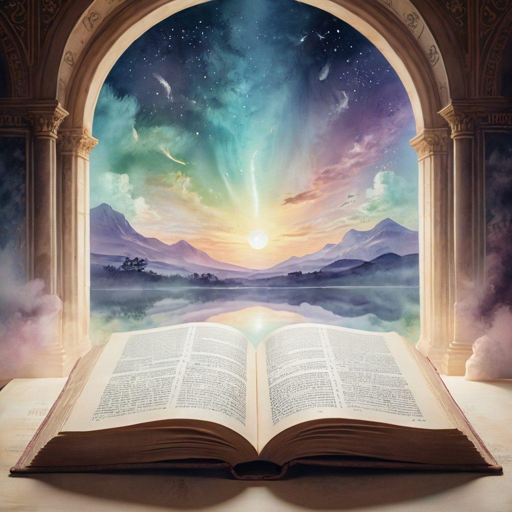 An open ancient book with glowing pages, surrounded by ethereal light radiating spirituality and wisdom. Ethereal figures in the background represent diverse cultures and faiths engaged in prayer and reflection. A path of light leads towards a serene landscape, symbolizing the journey of conviction. The atmosphere is peaceful and contemplative. soft watercolor painting. vibrant colors.