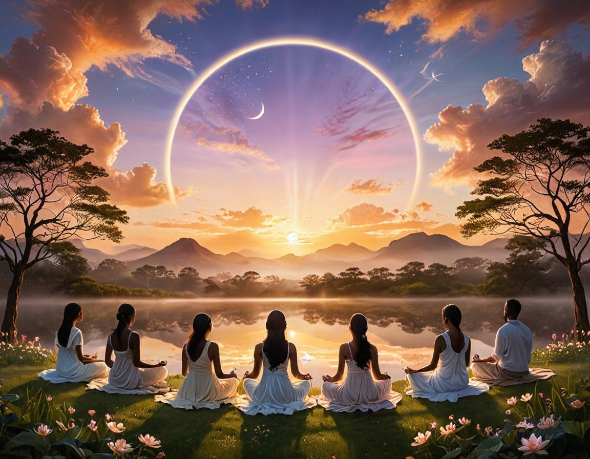 An ethereal scene depicting a diverse group of individuals in a serene setting, sitting in a circle surrounded by soft, glowing light. Each person holds a symbol representing their faith, such as a cross, a lotus, or a crescent moon. Wisps of gentle clouds swirl around them, creating a feeling of harmony and connection. The background features a tranquil landscape with a radiant sunrise symbolizing hope and new beginnings. super-realistic. vibrant colors. ethereal atmosphere.